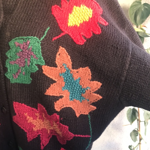 VINTAGE | Black Fall Leaves Hand Knit Grannycore Sweater Cardigan - Picture 4 of 13